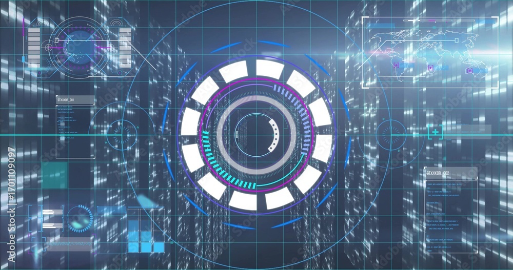 Poster projecting circular interface with segmented rings and progress arcs in virtual hub with gridlines