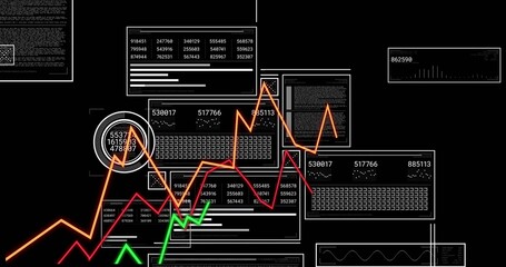 Fluctuating neon line graphs across dark digital dashboard, with panels, tables, text blocks, gauge