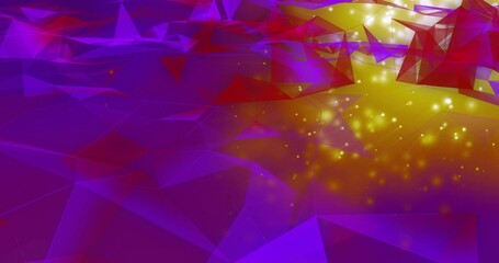 Purple low-poly triangular mesh receding into digital landscape, with yellow-gold glowing particles