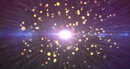 Radiating bright white light burst in abstract space, with multicolored streaks and golden bokeh