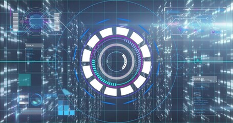 Projecting circular interface with segmented rings and progress arcs in virtual hub with gridlines