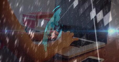 Typing Chinese woman navigating code and digital world map on laptop at desk with coffee mug