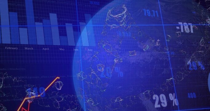 Displaying blue globe floating over data dashboard, with nodes, bar and line charts, percentages - Powered by Adobe