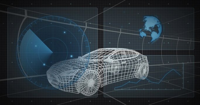 Fototapeta Floating wireframe car model over gray grid workspace, with radar HUD, globe and line-chart panel