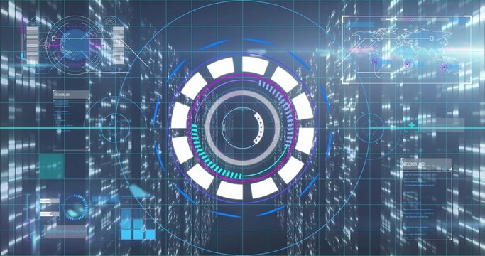 Projecting circular interface with segmented rings and progress arcs in virtual hub with gridlines - Powered by Adobe