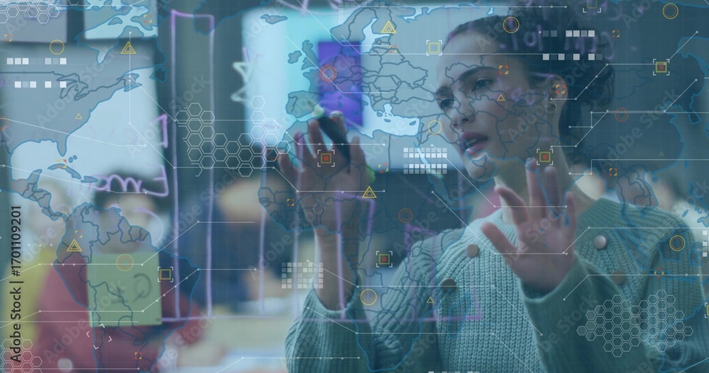 Aufkleber manipulating holographic world map data charts on transparent display panel in office, with stylus