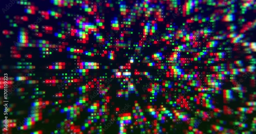 Poster displaying blurred close-up revealing rgb pixel clusters on digital display panel, led modules