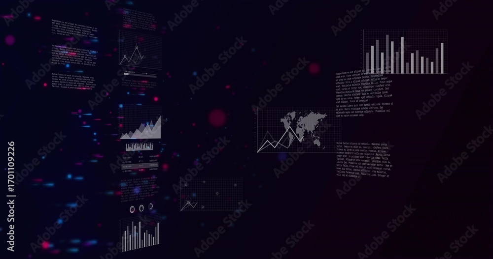 Fototapete displaying floating data panels in virtual interface, with charts map overlay and particles