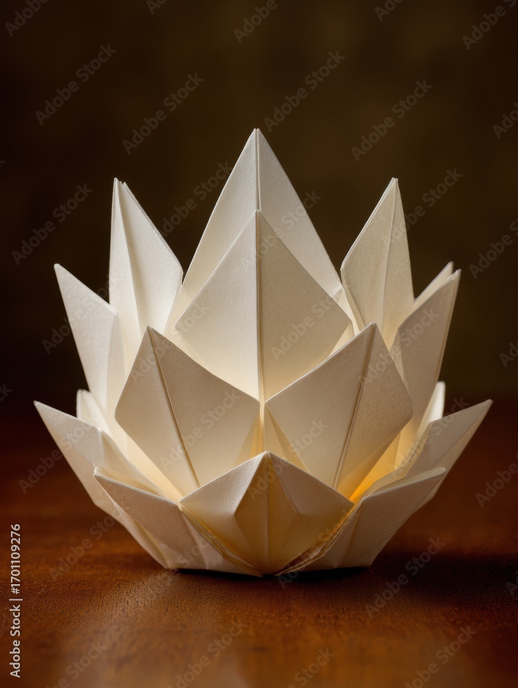 Poster origami lotus lantern displayed on a wooden table with warm light illuminating intricate folds and d