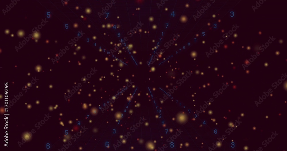 Poster converging amber particles and blue digits flowing toward center in digital void, with grid lines