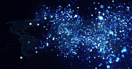 Transitioning digital interface from faint wireframe map to dense glowing data point cloud