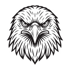 An angry, aggressive eagle's head in a detailed black and white illustration, showing a fierce and powerful expression