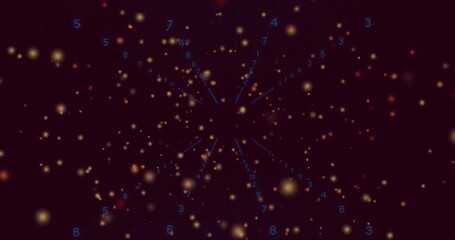 Converging amber particles and blue digits flowing toward center in digital void, with grid lines