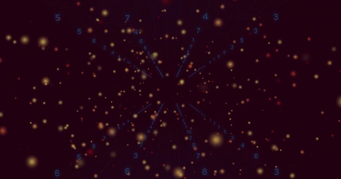 Converging amber particles and blue digits flowing toward center in digital void, with grid lines - Powered by Adobe
