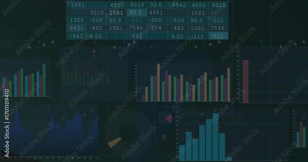 Poster showing dark dashboard on monitor, with data table, bar charts, line and donut graphs, grid overlay