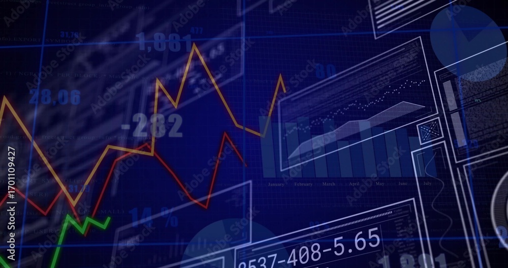 Poster displaying dashboard on screen, with multicolored line charts, bar charts, pie chart and readouts