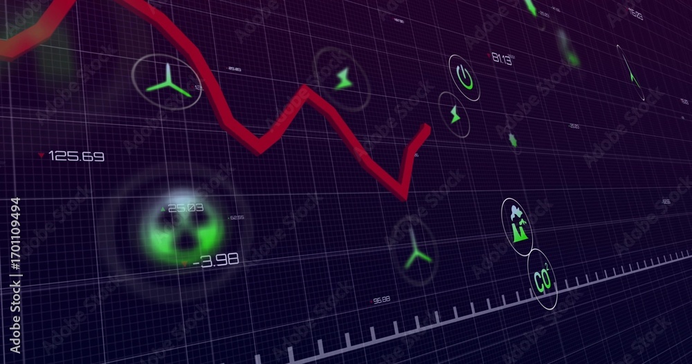 Poster displaying red jagged trendline rising at dashboard grid, showing energy icons numeric indicators