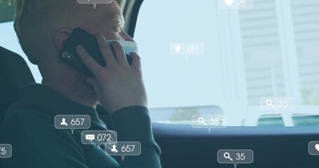Talking masked commuter holding phone while gazing out car window, with callout icons, copy space