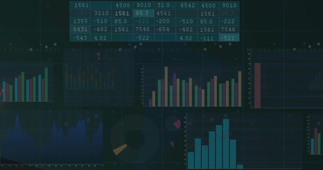 Showing dark dashboard on monitor, with data table, bar charts, line and donut graphs, grid overlay