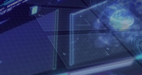 Floating holographic panels over grid interface, showing data readouts, crosses, glowing graphics