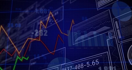 Displaying dashboard on screen, with multicolored line charts, bar charts, pie chart and readouts