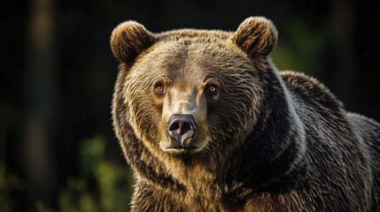 Fototapeta premium Close-up of a majestic brown bear staring intently at the camera in the forest.
