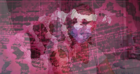 Displaying two masked medical workers wearing stethoscopes analyzing virus in ward, floating code