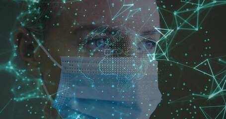 Displaying woman wearing surgical mask in tech space with hologram globe and teal nodes