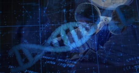 Conducting surgery, three surgeons leaning over patient in operating room, with digital DNA overlay