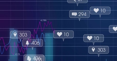Data visualization dashboard displaying in blue grid, dotted bar charts, line graphs, notifications