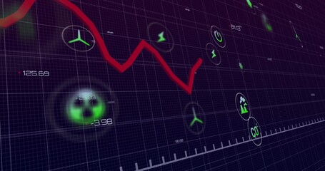 Displaying red jagged trendline rising at dashboard grid, showing energy icons numeric indicators
