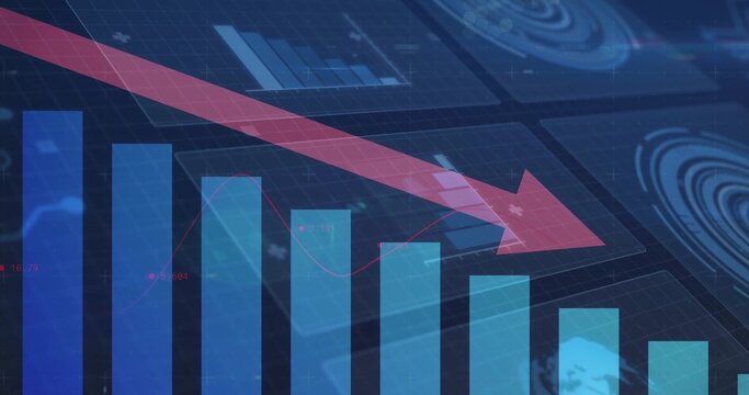 Displaying red diagonal arrow trending downward on blue grid, with bars and holographic overlays