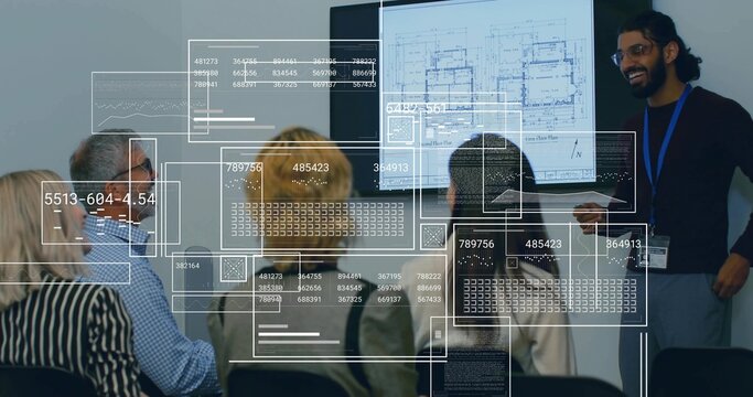 Presenting Indian man explaining floor plan on screen with data overlay in meeting room, copy space - Powered by Adobe
