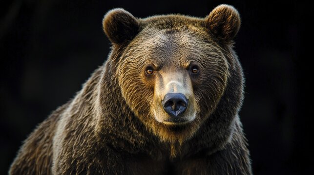 Close-up portrait of a majestic brown bear gazing directly at the camera.