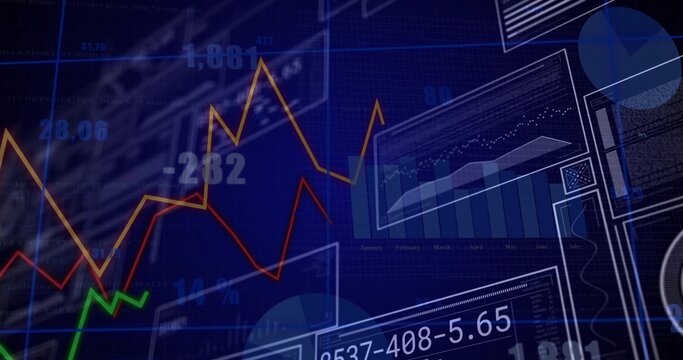 Displaying dashboard on screen, with multicolored line charts, bar charts, pie chart and readouts