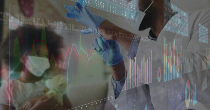 Masked doctor in lab coat and gloves injecting child with teddy in clinic, financial overlay