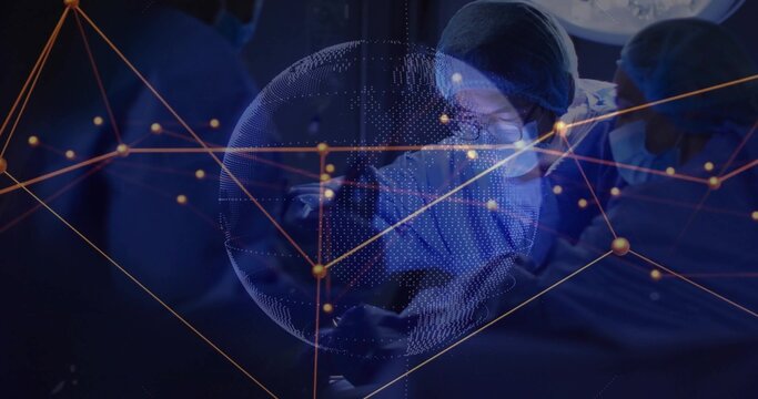 Projecting holographic network globe guiding surgical team under surgical lamp in surgery room