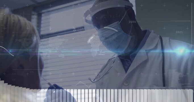 Masked doctor with head mirror and diagnostic tool examining patient at clinic, with data overlays - Powered by Adobe