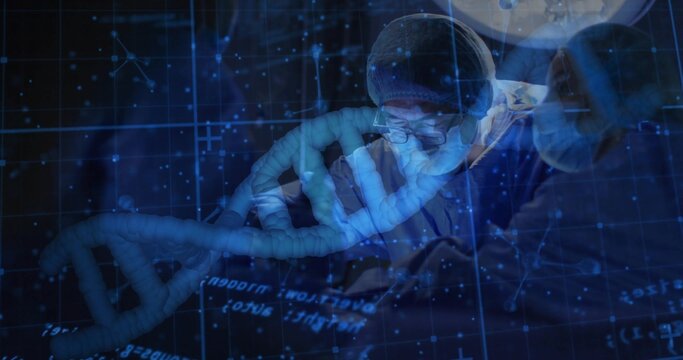 Conducting surgery, three surgeons leaning over patient in operating room, with digital DNA overlay