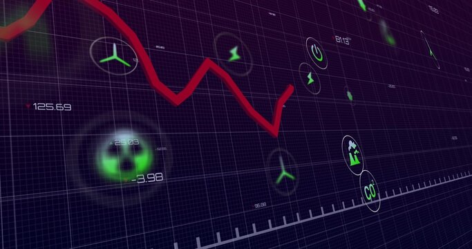 Displaying red jagged trendline rising at dashboard grid, showing energy icons numeric indicators
