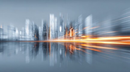 Blurred cityscape, motion-blurred city skyline reflected in water.  Abstract, futuristic, urban scene