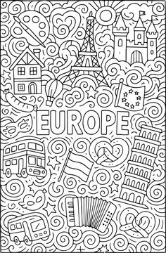 hand drawn vector illustration of europe doodle art coloring page for kids line art