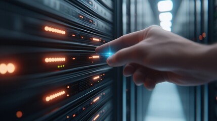 Medium shot of technician inspecting edge computing server rack with holographic network interface.