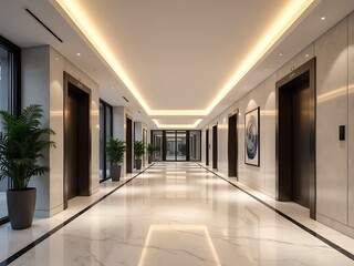 Modern luxury hotel lobby hallway with elevators and decorative lighting isolated on white background