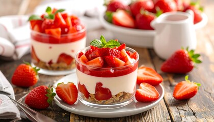 Close-up showcases layered desserts in glass cups filled with cream and fresh strawberries on a wooden surface