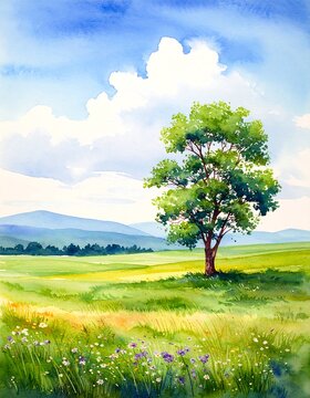 Watercolor landscape of a field, tree, and sky