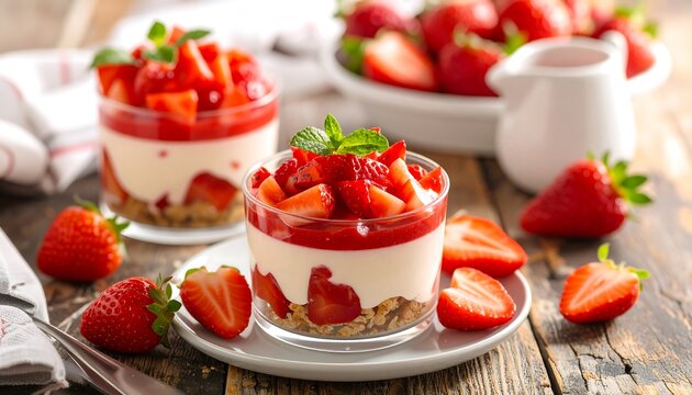 Close-up showcases layered desserts in glass cups filled with cream and fresh strawberries on a wooden surface