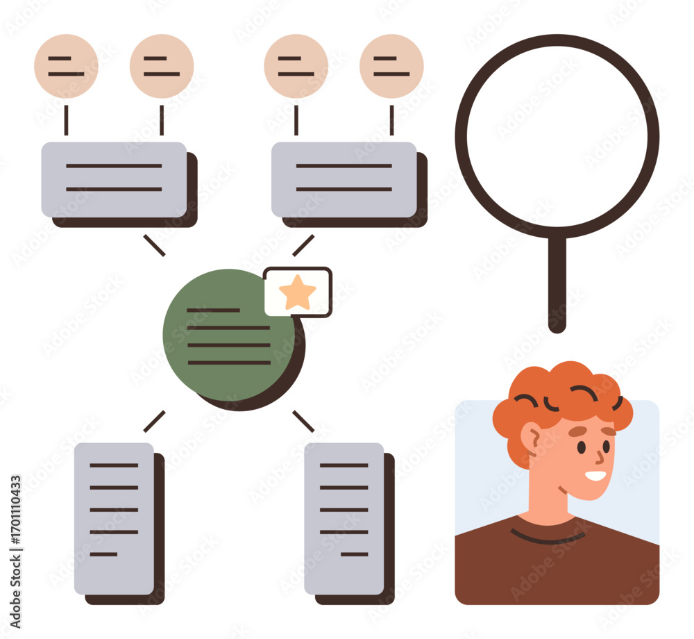 Poster diagram with user data flow, hierarchical structure, profile image, and magnifier. ideal for user re