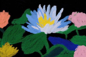 Abstract floral painting with bold colors and textured strokes; luminous blue petals rise from a pale center amid green leaves and pink accents.
