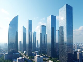Obraz premium Modern glass skyscrapers reflecting the sky in a bustling urban cityscape isolated on white background